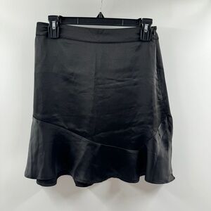 Sincerely Jules Black Satin Mini Skirt – High Waisted w/ Ruffle Hem, Size Medium